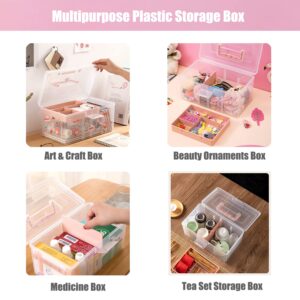 FOREVERIE Clear Plastic Office Supply Art & Craft Storage Box, Sewing Box Organiser Large with a Removable Tray & Adjustable Partition, Portable Travel Makeup Case (Clear & pink)