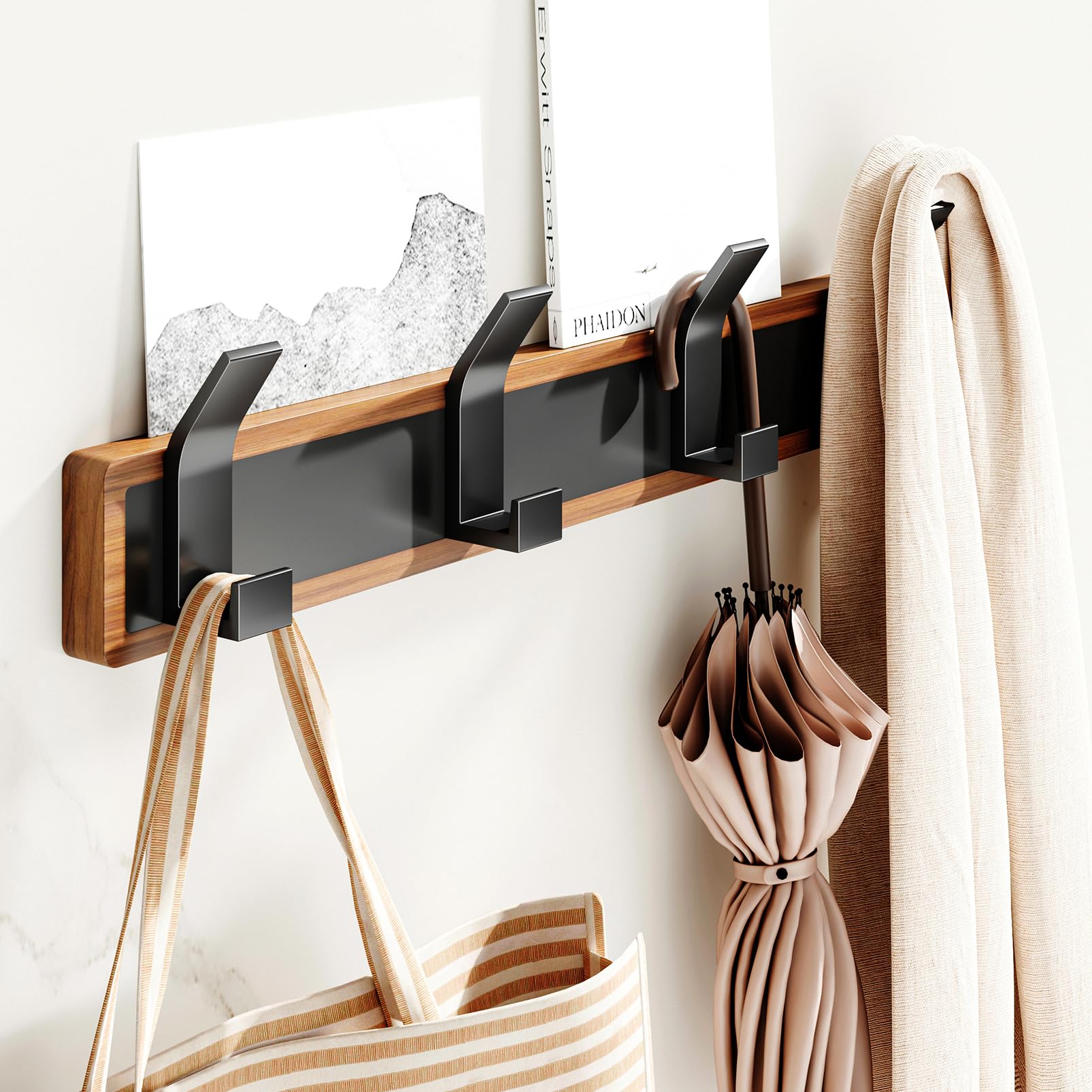 FATASTY Coat Rack Wall Mount-Solid Walnut Wall Coat Rack with 4 Black Aluminum Wall Hooks for Hanging Coats, Backpacks, Bags, Towels. Coat Hooks Wall Mount for Entryway, Bathroom, Bedroom