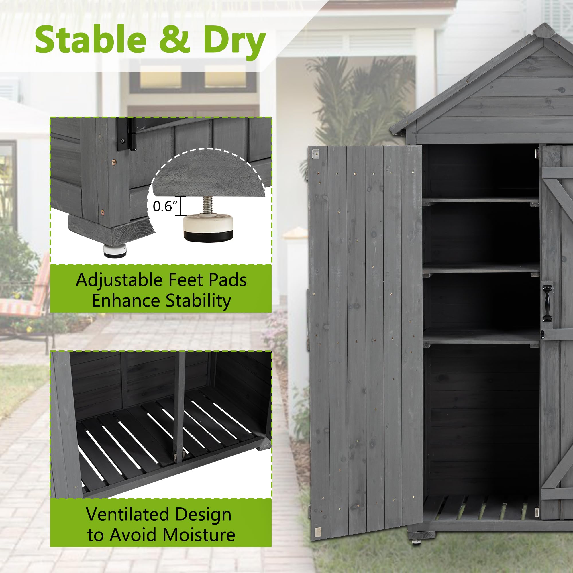 Outdoor Storage Cabinet - Wooden Garden Storage Shed with Waterproof Roof - Tool Storage House with Shelves and Latch - Outside Closet Storage Shed with Floor for Yard, Patio, Deck and Porch - Gray