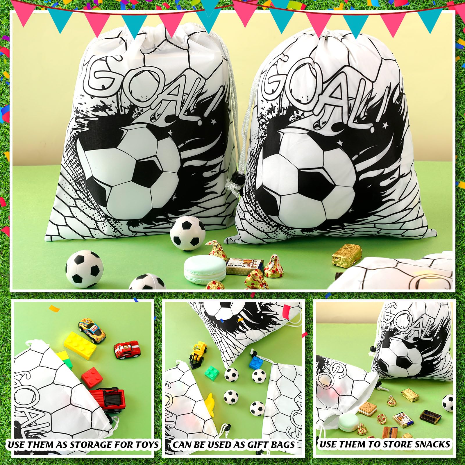 Xuhal 24 Pcs Soccer Party Favors Bags Soccer Drawstring Bags Soccer Team Gift Goodie Treat Bags Sports Theme Backpack Bags for Soccer Birthday Party Decoration Baby Shower Supplies(Black, White)