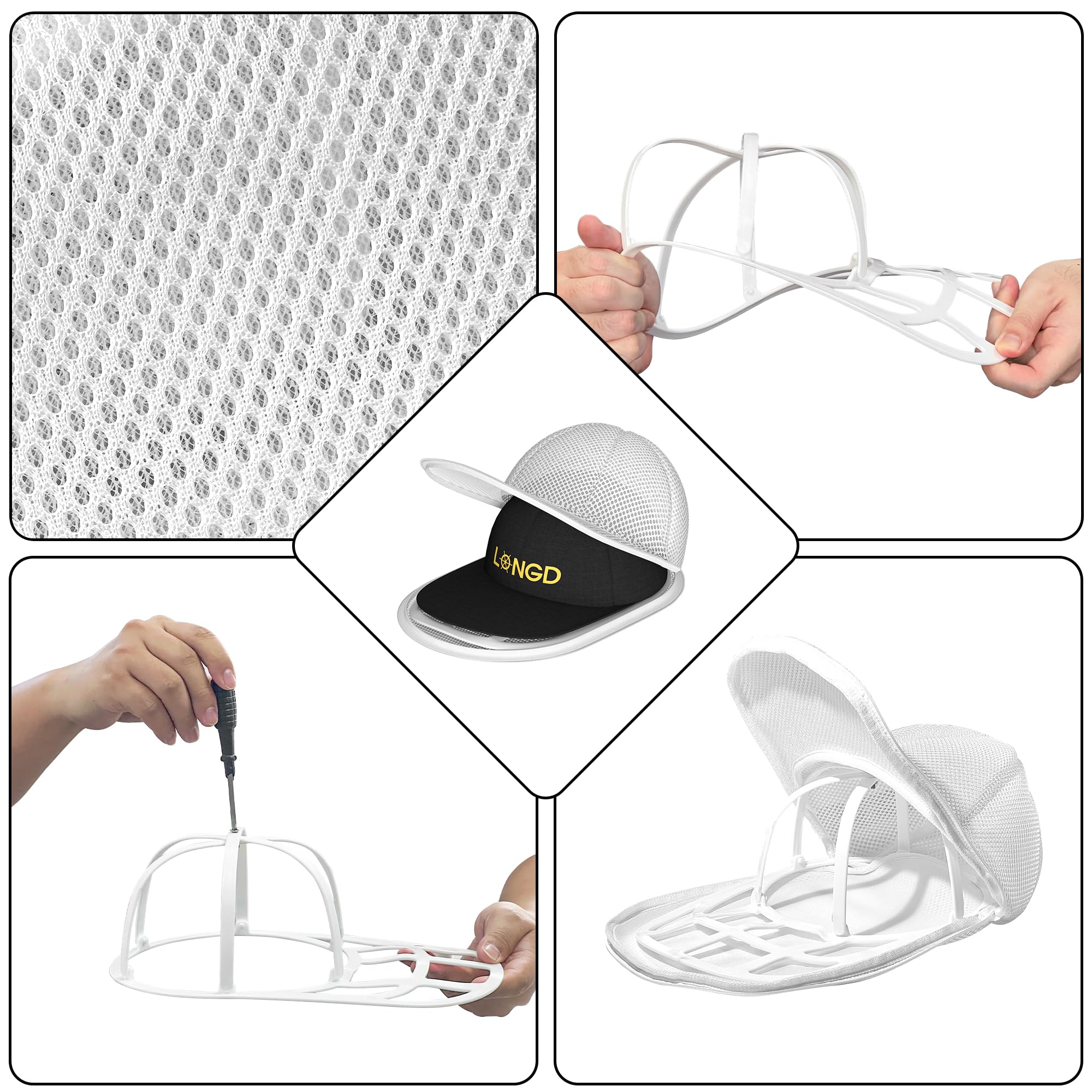 LONGD Hat Washer Cage for Baseball Caps, Sturdy Cleaning Protector with Frame Cage and Laundry Bag, Washing Machine Safe Hat Cleaner and Organizer, Suitable for Adult and Kids' Caps - 1-Pack,White