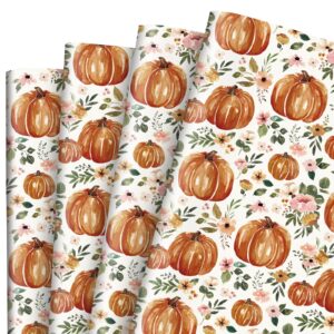 anydesign fall pumpkin wrapping paper boho floral pumpkin gift wrap paper bulk folded flat autumn watercolor flower art paper for thanksgiving diy crafts gift wrapping, 19.7 x 27.6 inch, 6 sheet