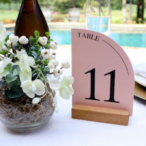 Hanna Roberts Minimal Curved Wooden Table Number Sign with Wooden Base | For Wedding Reception, Restaurants, Rehearsal Dinner, Events and Party (Set of 10, 1-10) (Set of 10, 1-10, Pink)