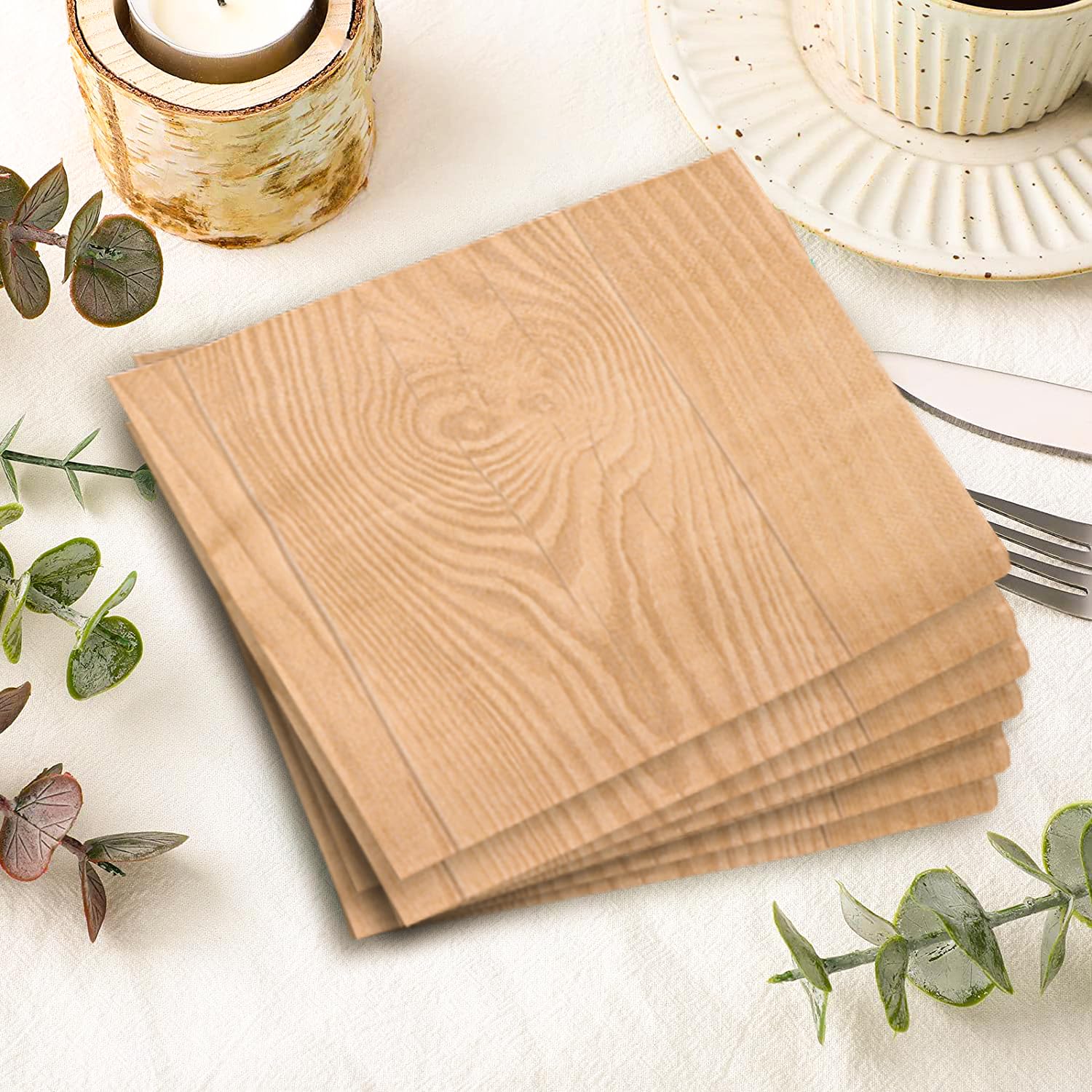 60Pcs Wood Grain Party Supplies Rustic Wood Grain Set 7"Wood Paper Plates and Wood Slice Napkin Fork for CampFire Camping Party Woodland Animal Baby Shower Lumberjack Birthday Party Decoration Serve20