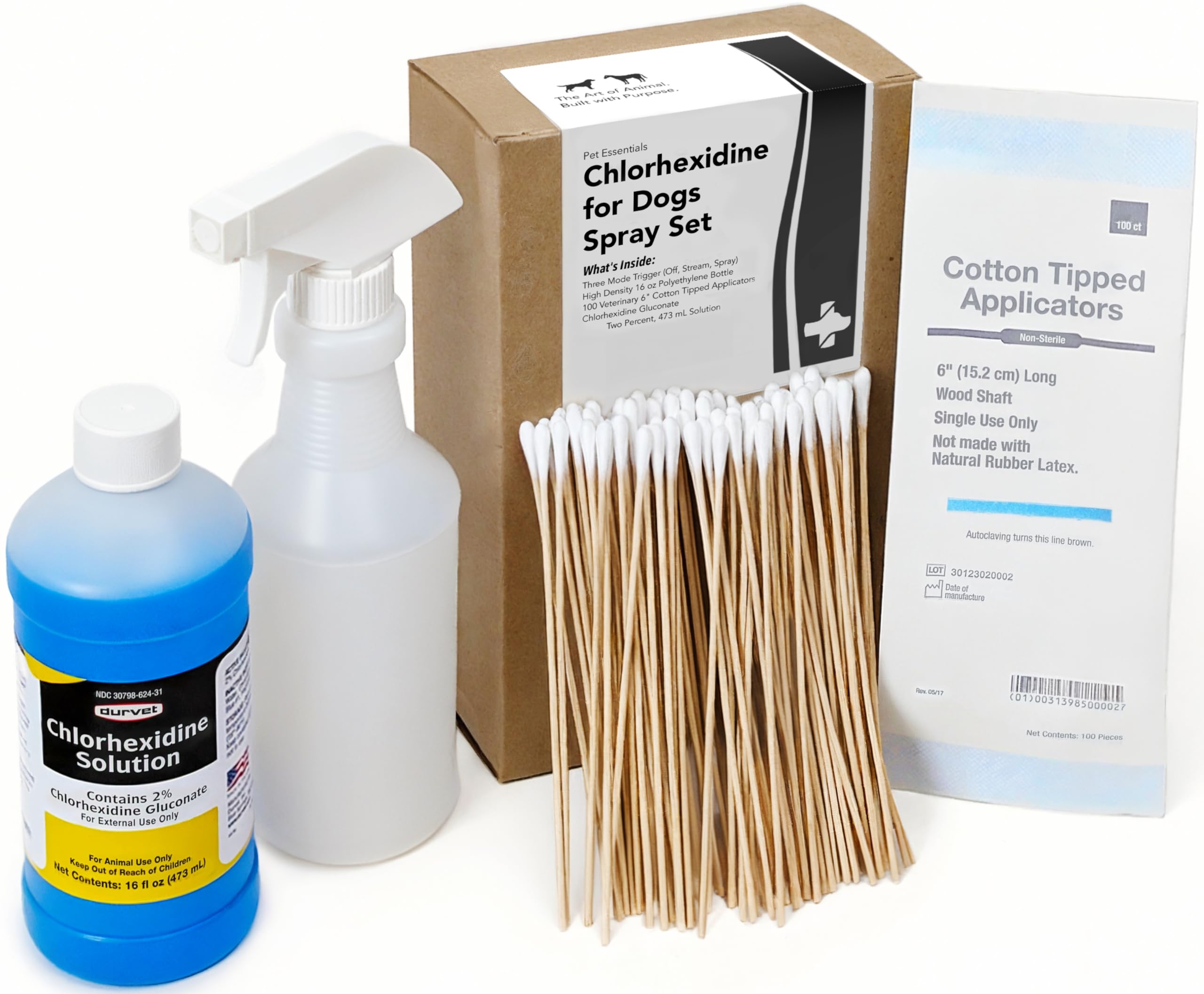 Chlorhexidine for Dogs 2% Solution Spray Set - Pint (473 mL) with Bottle (16 oz) + Trigger Sprayer & 100 (6") Cotton Applicator Tips - Helps Itching, Hot Spots, Irritation, Allergies & Sensitive Skin