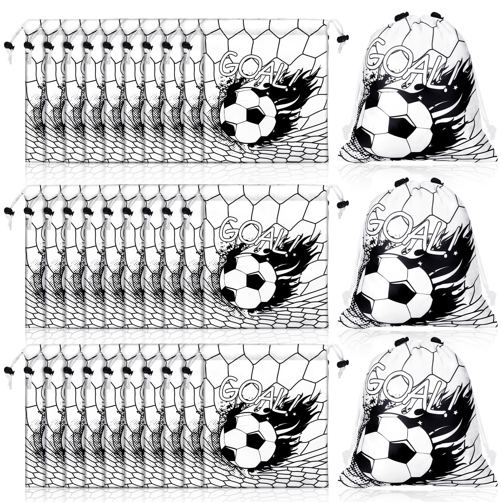 Xuhal 24 Pcs Soccer Party Favors Bags Soccer Drawstring Bags Soccer Team Gift Goodie Treat Bags Sports Theme Backpack Bags for Soccer Birthday Party Decoration Baby Shower Supplies(Black, White)