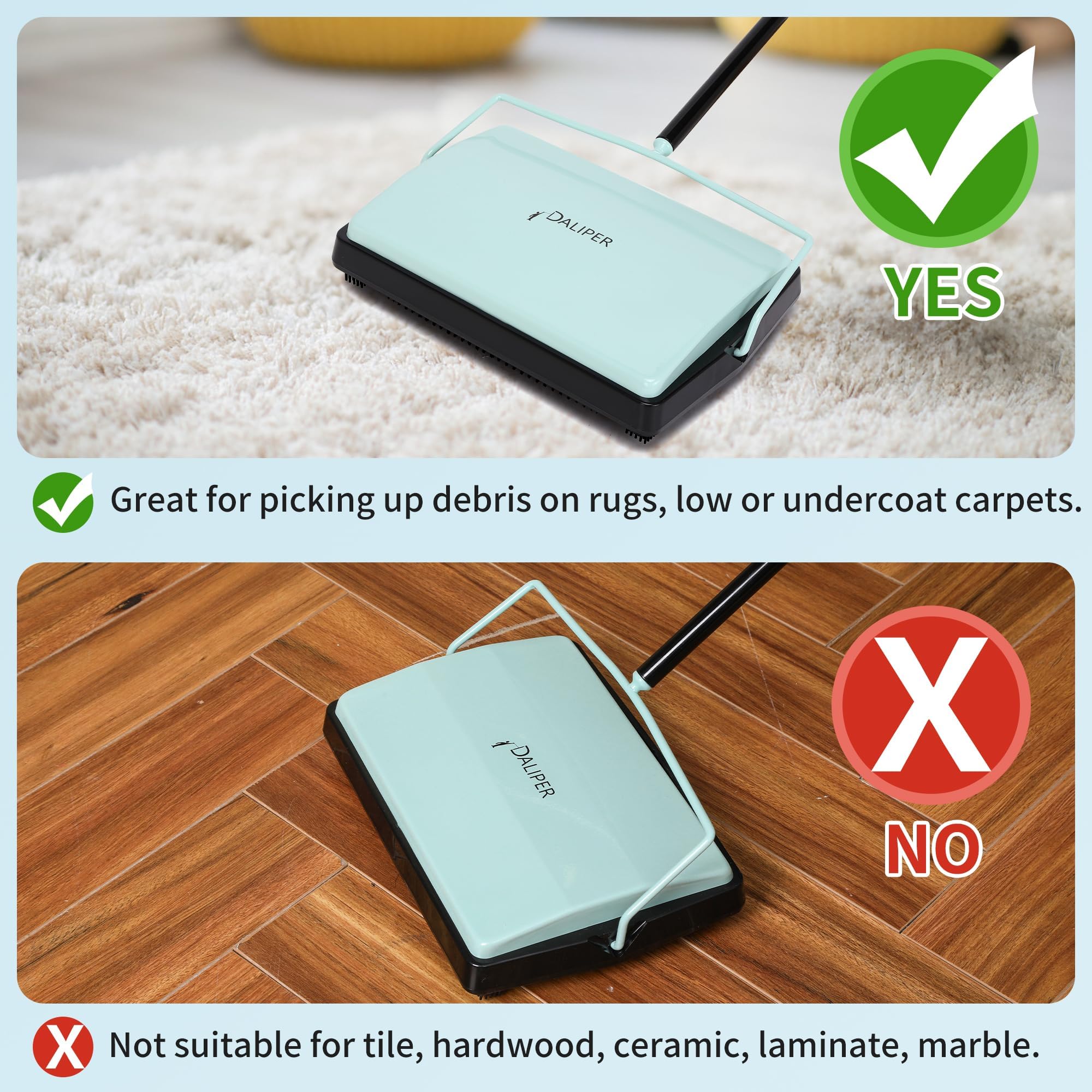 DALIPER Carpet Sweeper Broom Non Electric with Horsehair Roller, Electrostatic Floor Brush Manual Push for Cleaning Pet Hair, Loose Debris, Lint on Rug (Avocado Green)