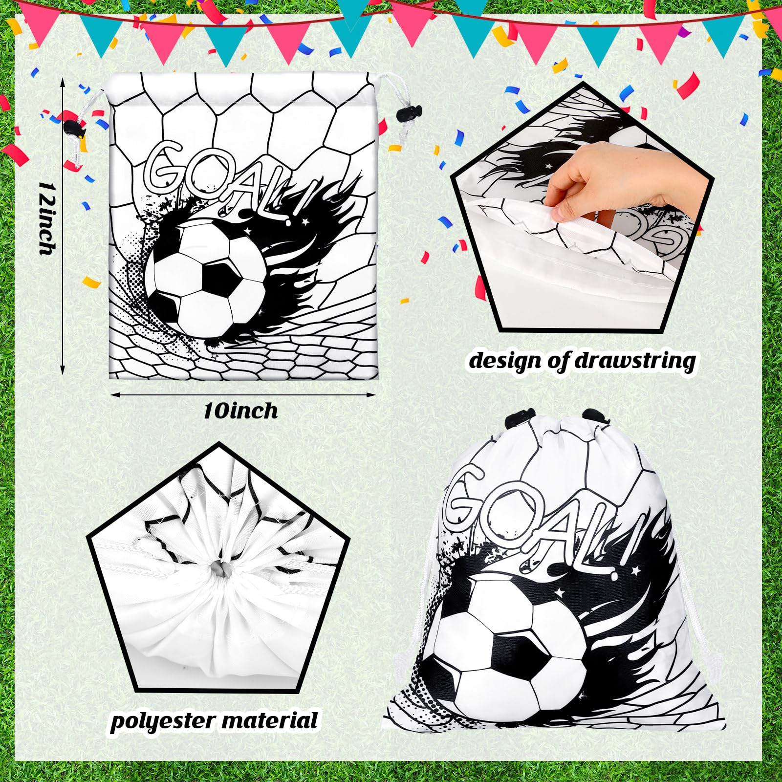 Xuhal 24 Pcs Soccer Party Favors Bags Soccer Drawstring Bags Soccer Team Gift Goodie Treat Bags Sports Theme Backpack Bags for Soccer Birthday Party Decoration Baby Shower Supplies(Black, White)