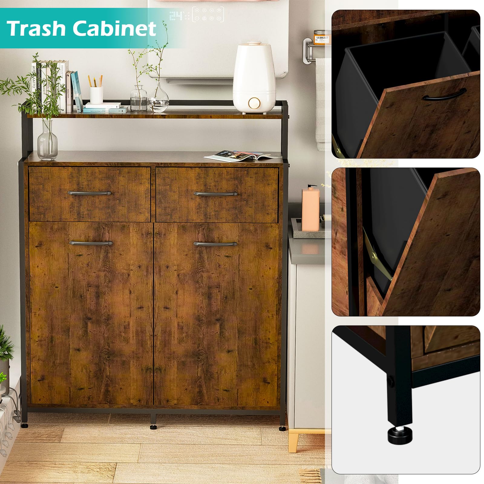 ZIAERKOR Double Tilt Out Trash Cabinet, Hidden Trash Bin Cabinet, Large Wooden Trash Can for Kitchen with Shelf, Dual Tilt Out Laundry Hamper Cabinet Free Standing Holder 10 Gallon