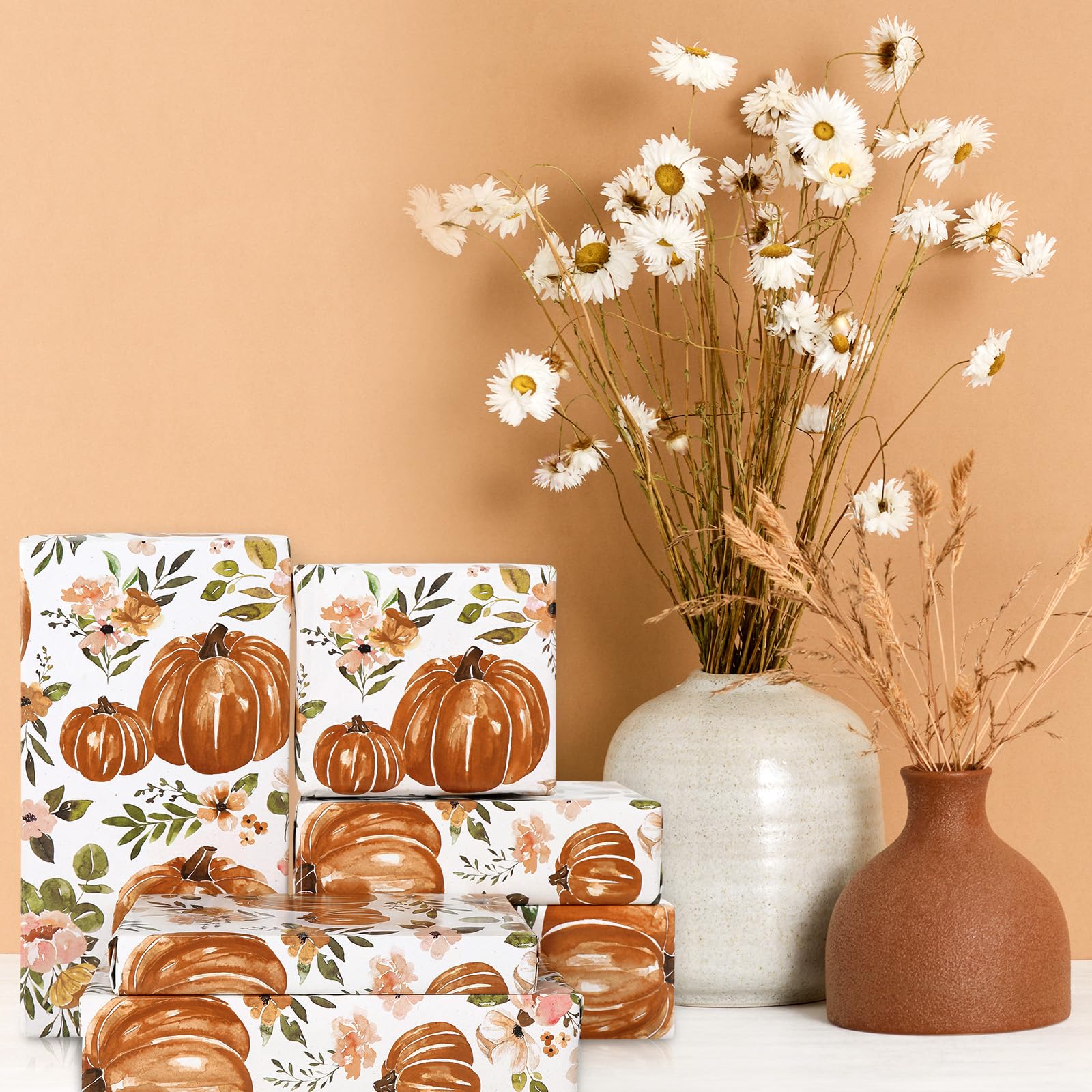 AnyDesign Fall Pumpkin Wrapping Paper Boho Floral Pumpkin Gift Wrap Paper Bulk Folded Flat Autumn Watercolor Flower Art Paper for Thanksgiving DIY Crafts Gift Wrapping, 19.7 x 27.6 Inch, 6 Sheet