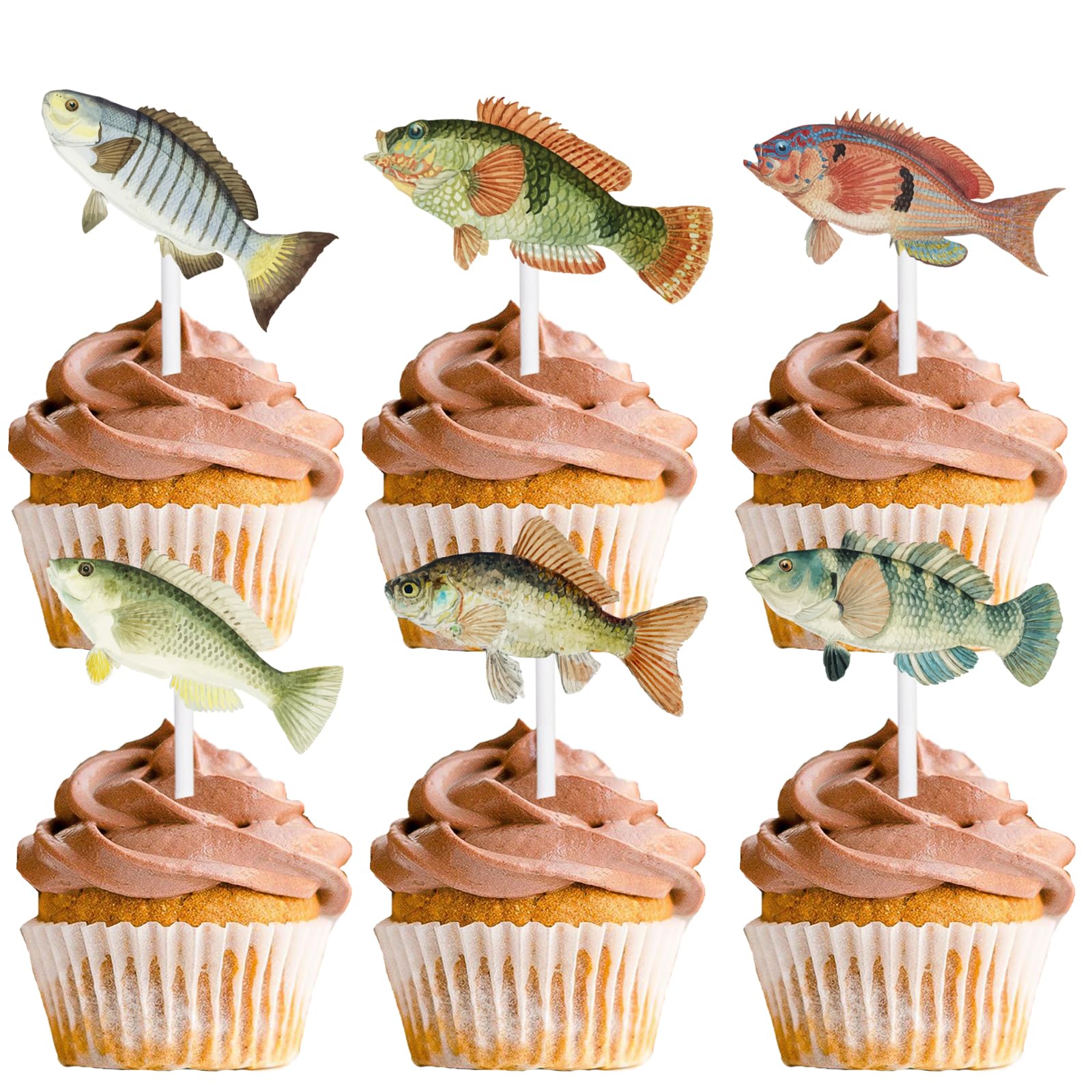 18pcs Glitter Fish Dessert Cupcake Topper Go Fishing Theme Decorations Baby Shower Boys Girls Happy Birthday Party Decor Supplies