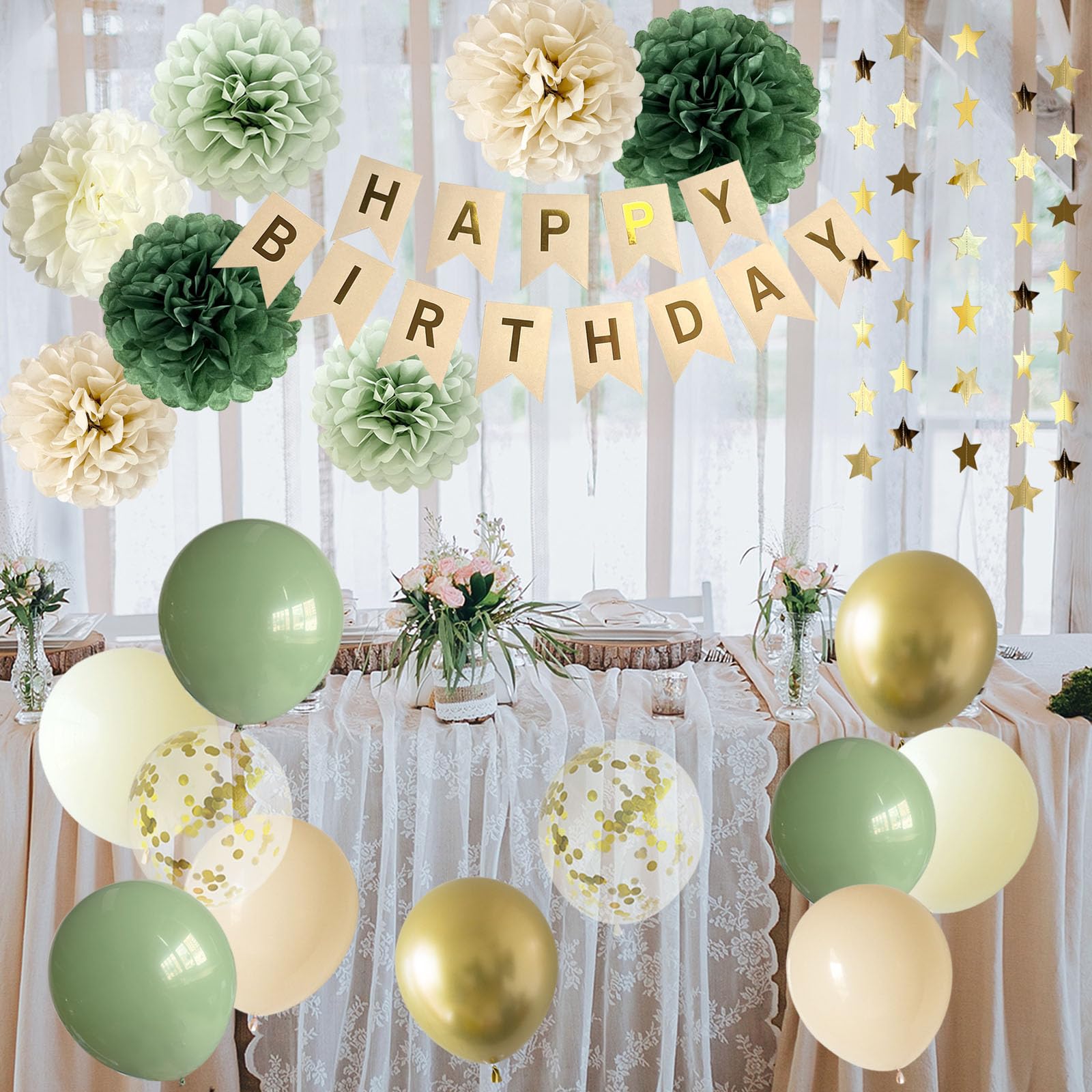 ANSOMO Sage Green Happy Birthday Party Decorations Retro Green Nude Ivory Dark Olive Kraft Paper Banner Balloons Neutral Rustic Boho Blush Safari Botanical Greenery Wild Décor Supplies Women Adults