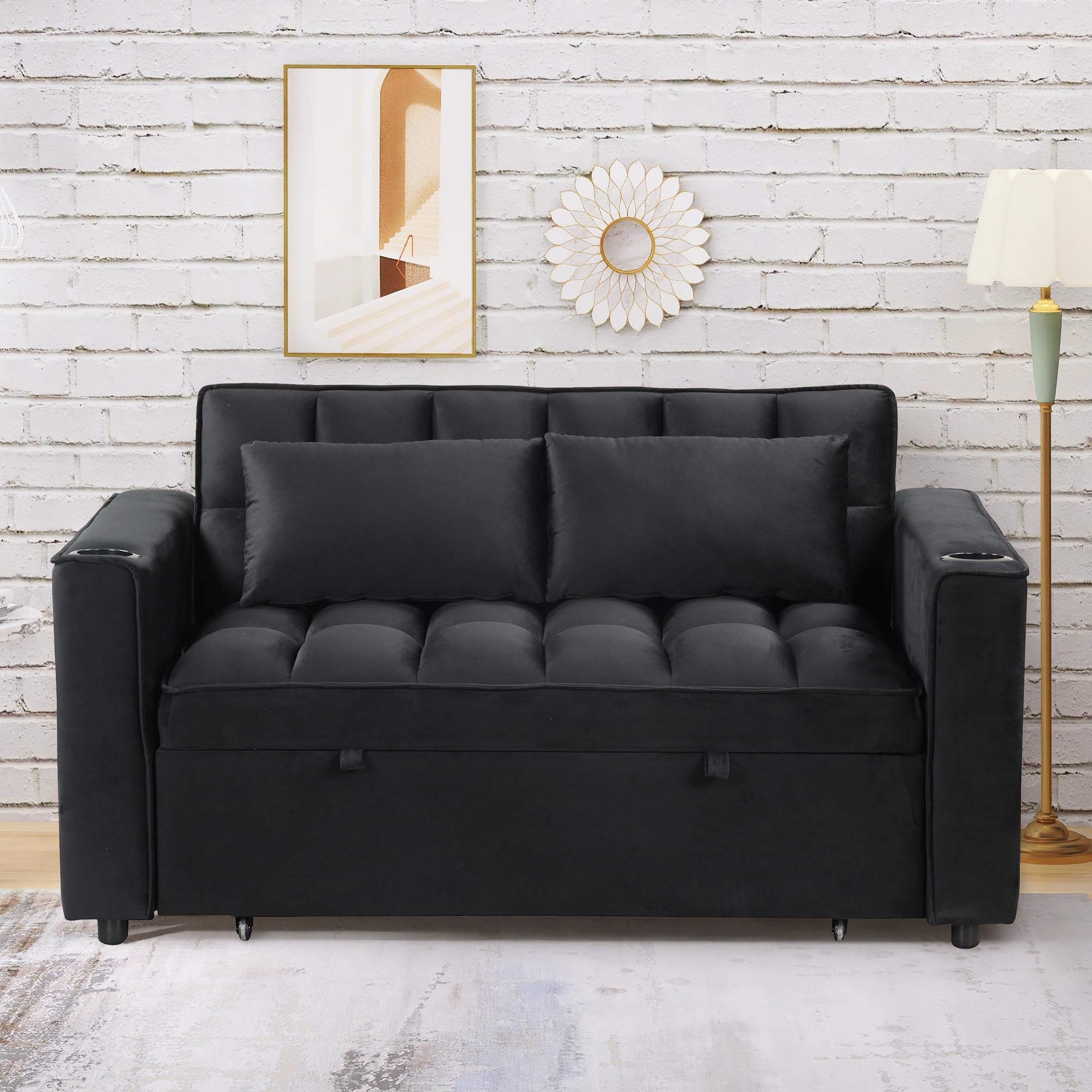 Merax 55.3" Loveseat with Pull Out Bed, Convertible Velvet Sleeper Sofa Bed with Cup Holder & USB Port, 2 Pillows, and Adjustable Backrest for Living Room or Apartments, Black