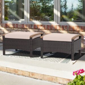 oralner outdoor ottoman, set of 2 rattan footstools, all-weather wicker foot stools w/removable cushions, patio footrest extra seating for porch, poolside, garden, deck, easy assembly (brown)