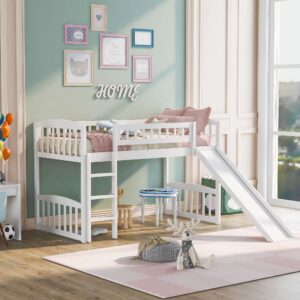 harper & bright designs twin size low loft bed with slide and ladder, junior loft bed wood kids loft bed with slide for girls boys,no box spring needed,white