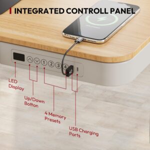 SANODESK Standing Desk with Drawer, Electric Height Adjustable Home Office Desk with Storage & USB Ports, 55 inch Maple Wood Tabletop/White Frame