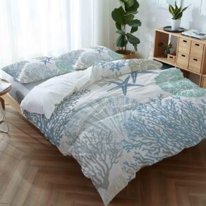 Duvet Cover Set California King Size Nautical Coastal Ocean Coral Comforter Sets 3 Pieces, Beach Themed Blue Teal Bedding Set with Zipper Closure and 2 Pillow Cases, Soft Bed Covers Bedroom Decor