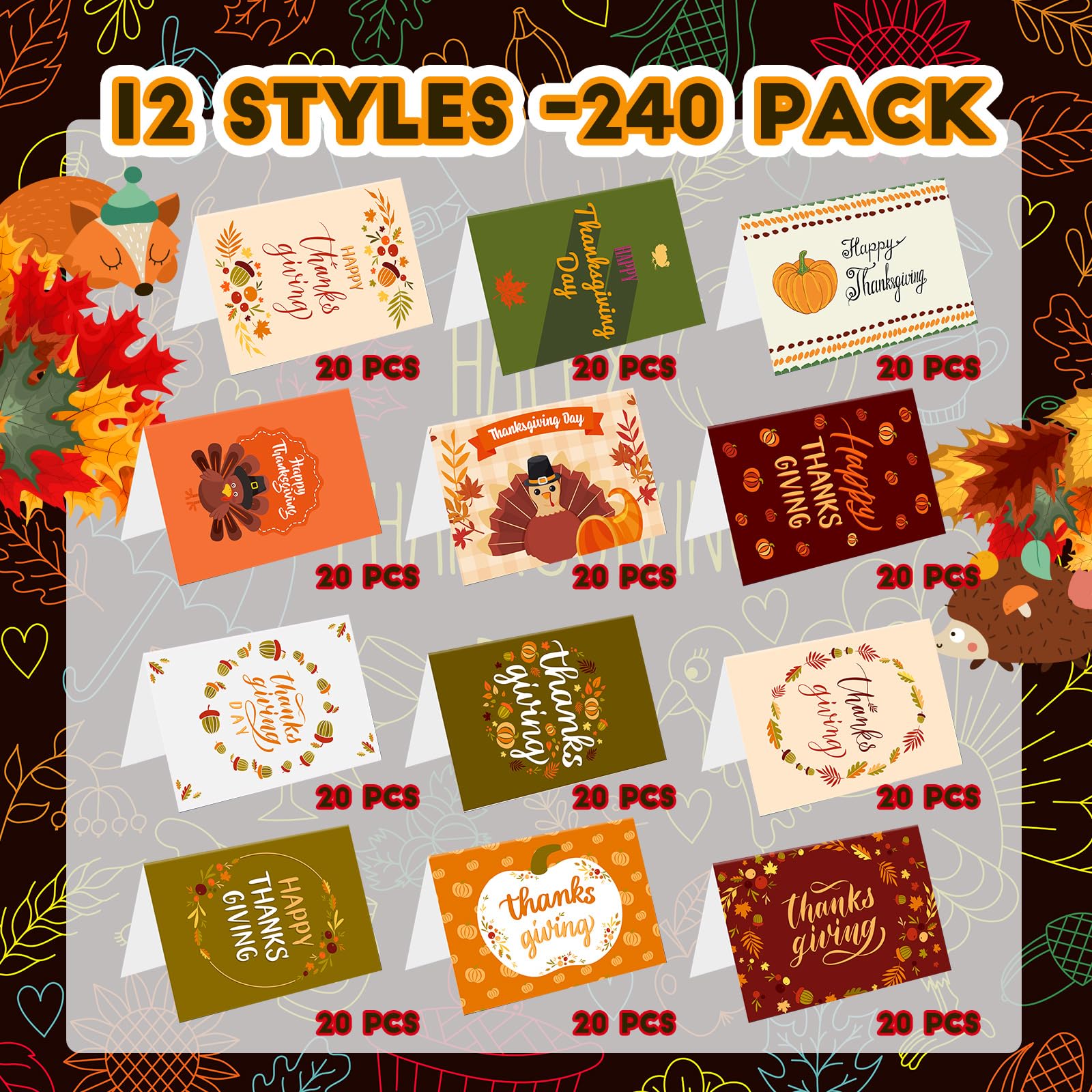 Jetec 240 Pcs Thanksgiving Greeting Cards with Envelopes Bulk Fall Greeting Cards Vintage Turkey Pumpkins Greeting Cards Thank You Cards for Fall Autumn Holiday, Harvest Wedding Dinner