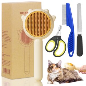 self-cleaning cat brush with release button - deshedding brush for long and short-haired cats, pet grooming tool with comb and nail clippers