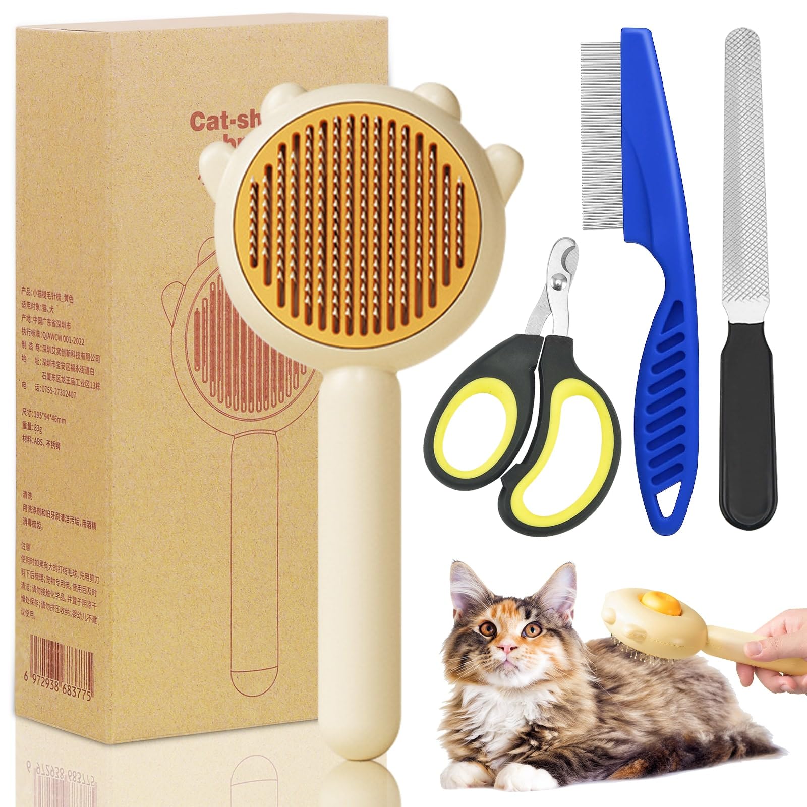 Self-Cleaning Cat Brush with Release Button - Deshedding Brush for Long and Short-Haired Cats, Pet Grooming Tool with Comb and Nail Clippers