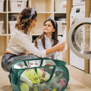 Mesh Pop Up Laundry Hamper, Durable Collapsible Laundry Baskets with Side Pockets, Foldable Clothes Storage Hamper with Reinforced Carry Handles for Dorm, Laundry Room, Kids Room, Green,1 Pack