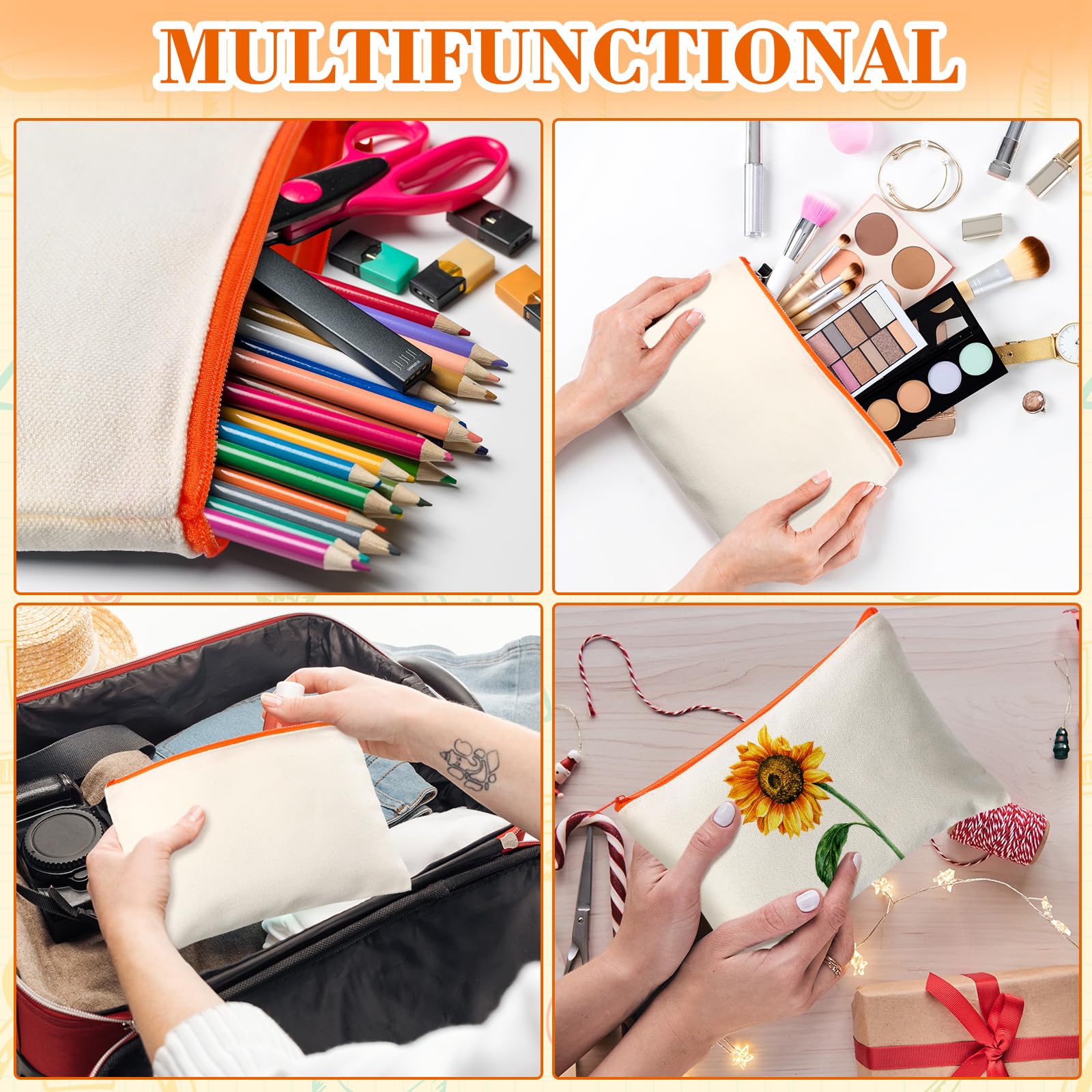 Abbylike 50 Pcs Sublimation DIY Blank Canvas Pencil Case Canvas Makeup Bags Canvas Pencil Pouch Bulk Canvas Heat Transfer Pouch Multipurpose Cosmetic Bag for Travel DIY Craft (7.87'' x 5.51'')