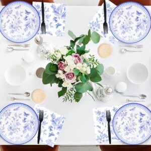 60Pcs Blue White Floral Party Supplies Flower Tableware Set 7"Blue and White Paper Plates and Blue White Floral Napkin Fork for Bridal Shower Wedding Tea Party Floral Birthday Party Decoration Serve20