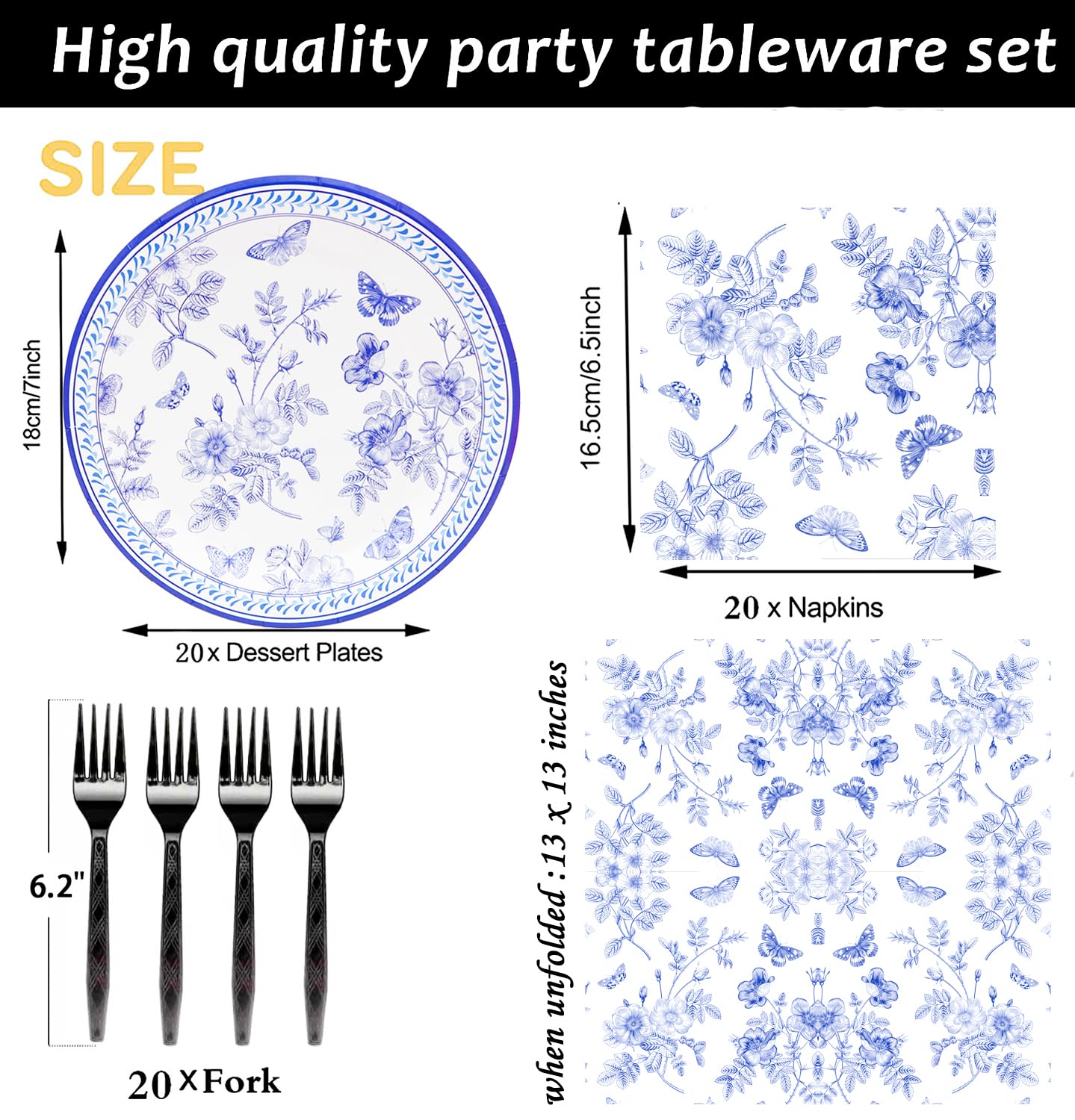 60Pcs Blue White Floral Party Supplies Flower Tableware Set 7"Blue and White Paper Plates and Blue White Floral Napkin Fork for Bridal Shower Wedding Tea Party Floral Birthday Party Decoration Serve20