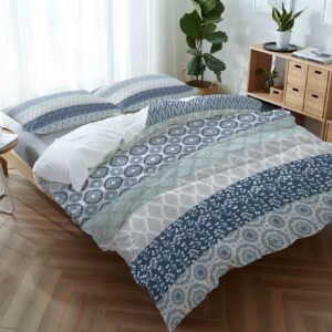 Duvet Cover Set California King Size Boho Comforter Sets 3 Pieces, Bohemian Geometric Stripes Teal Grey Bedding Set with Zipper Closure and 2 Pillow Cases, Soft Lightweight Bed Covers Bedroom Decor