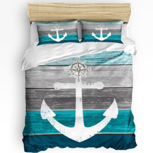 loopop comforter sets queen size nautical anchor soft bedding duvet cover sets 3 pieces vintage wood grain teal green bedding set with comforter quilt cover and 2 pillow cases bedroom decor