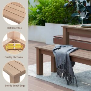 EFURDEN Outdoor Bench, 2-Person Outdoor Dining Bench, Backless Poly Lumber Garden Bench, All Weather Bench Suitable for Patio and Garden, Teak Color