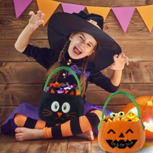 YourBestMemory Set of 2pcs, Dia 11' Halloween Plush Pumpkin and Black Cat Basket Trick or Treat Bags Halloween Candy Bucket for Kids, Gift Bucket for Halloween Party Favor Supplies(Pumpkin&Cat)