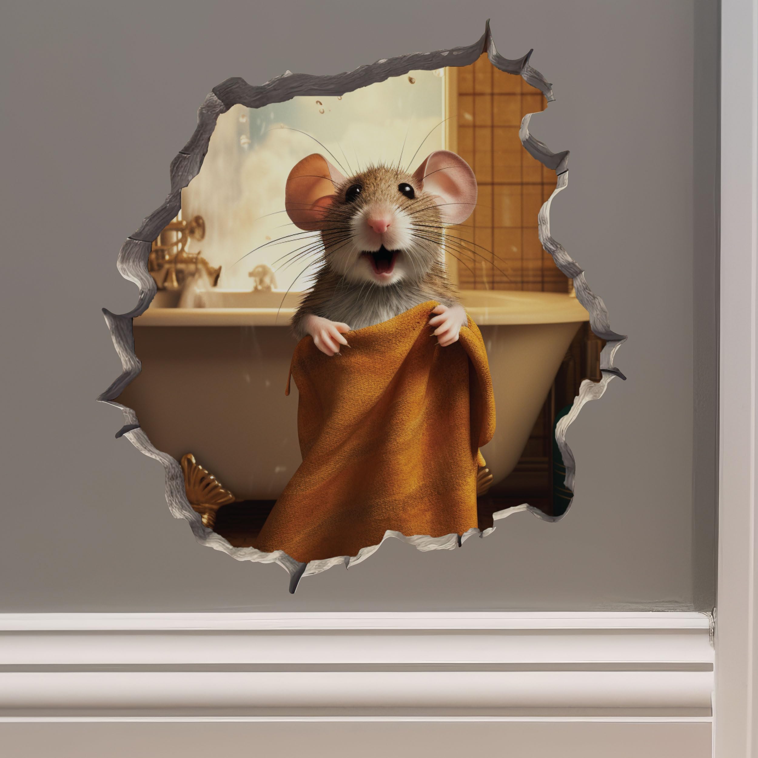 Bathroom Towel Mouse Wall Hole Decal - Wall Sticker with 3D Effect - Fun Gift Idea