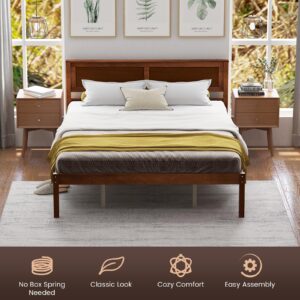 KOMFOTT Queen Size Wood Platform Bed Frame with Headboard, Solid Wood Bed Frame with Slat Support, 10-Leg Support, Under Bed Storage, 16” Mattress Foundation Bedroom Furniture, No Box Spring Needed