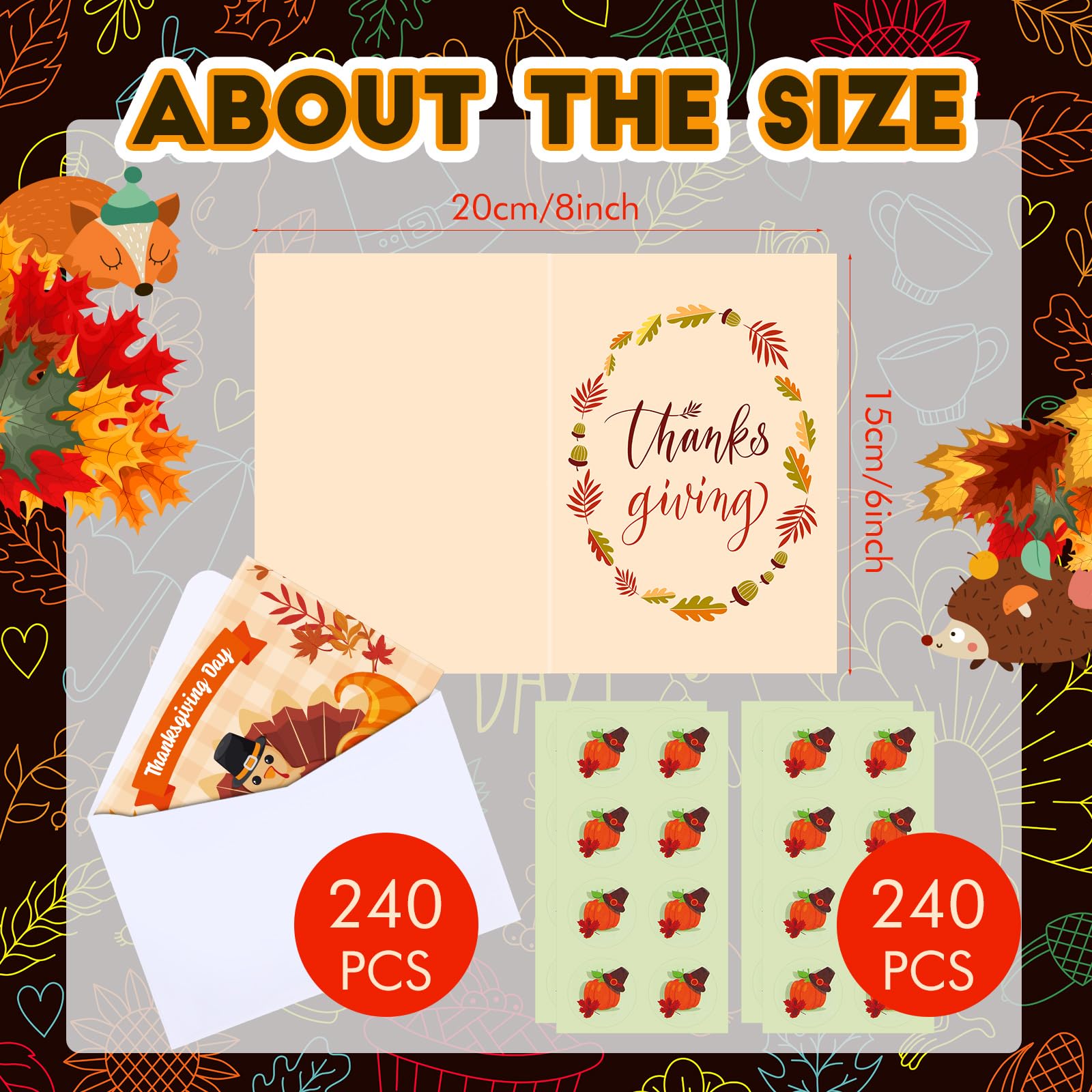 Jetec 240 Pcs Thanksgiving Greeting Cards with Envelopes Bulk Fall Greeting Cards Vintage Turkey Pumpkins Greeting Cards Thank You Cards for Fall Autumn Holiday, Harvest Wedding Dinner