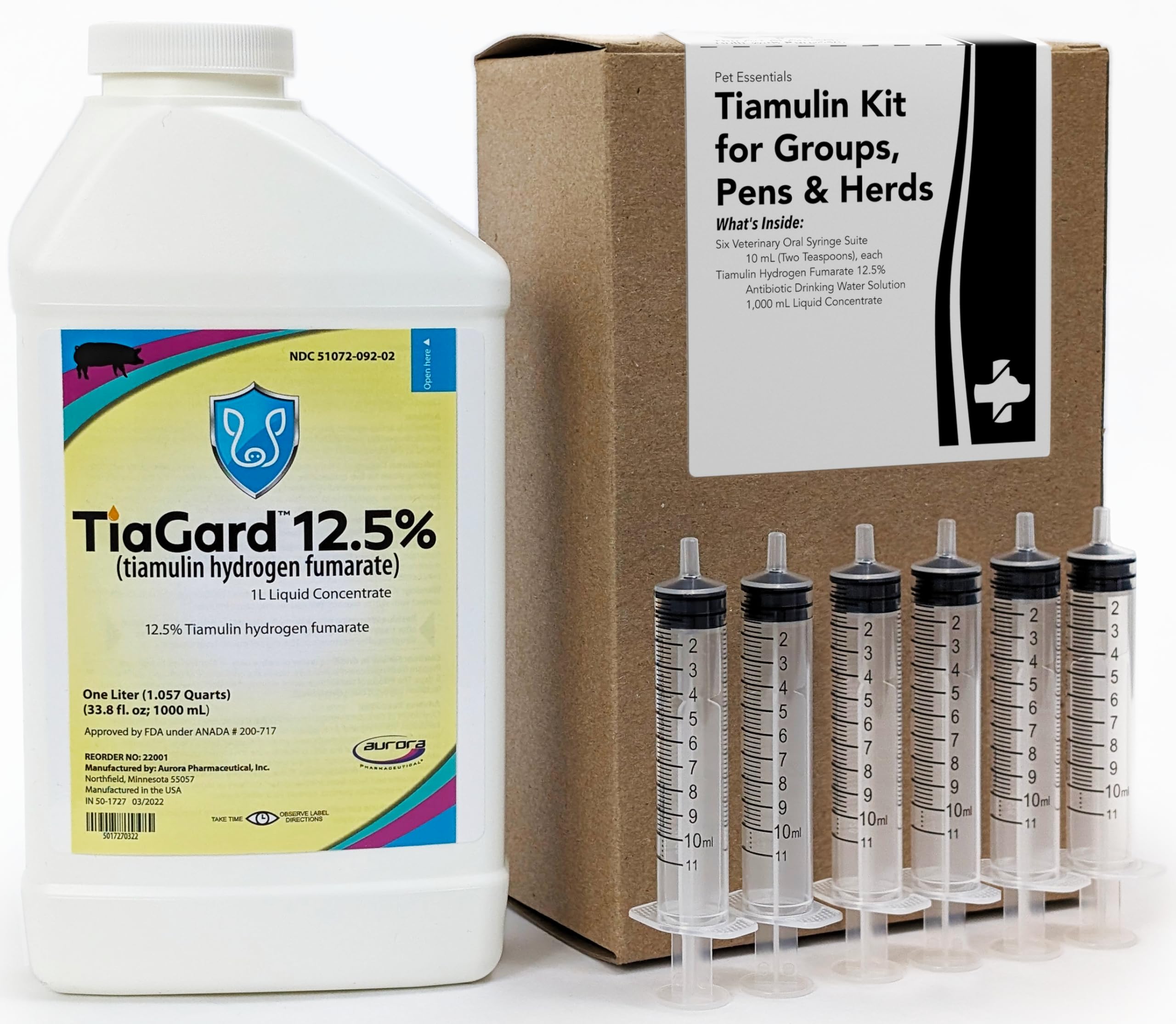 TiaGard Tiamulin 12.5% Liquid Concentrate (1,000 mL) w/ Veterinary Syringe Kit - Generic for Denagard - Antibiotic Drinking Water Solution in Groups, Pens & Herds - Antibiótico Tiamulina para Cerdos