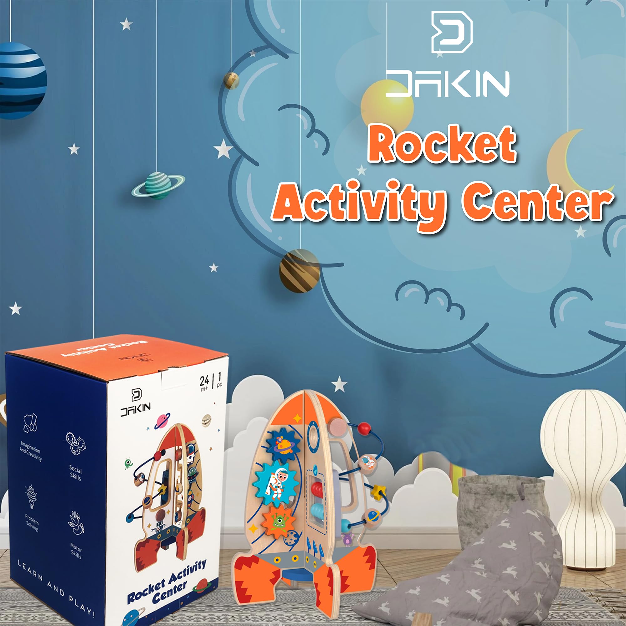 D DAKIN Rocket Toddler Wooden Activity Center Activity Cube Stand for 1 Year Old Boy Toys, Sensory and Educational Great First Birthday Gifts for Boys