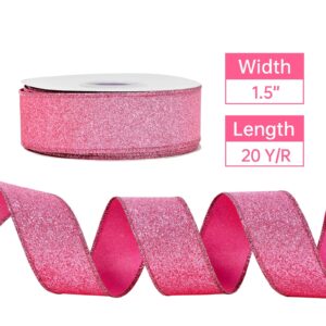 YAMA Glitter Wired Ribbon, Pink, 1-1/2 inch x 20 Yards, for Christmas, Gift Wrapping, Wreath, Crafts, Bow Making and Party Decoration