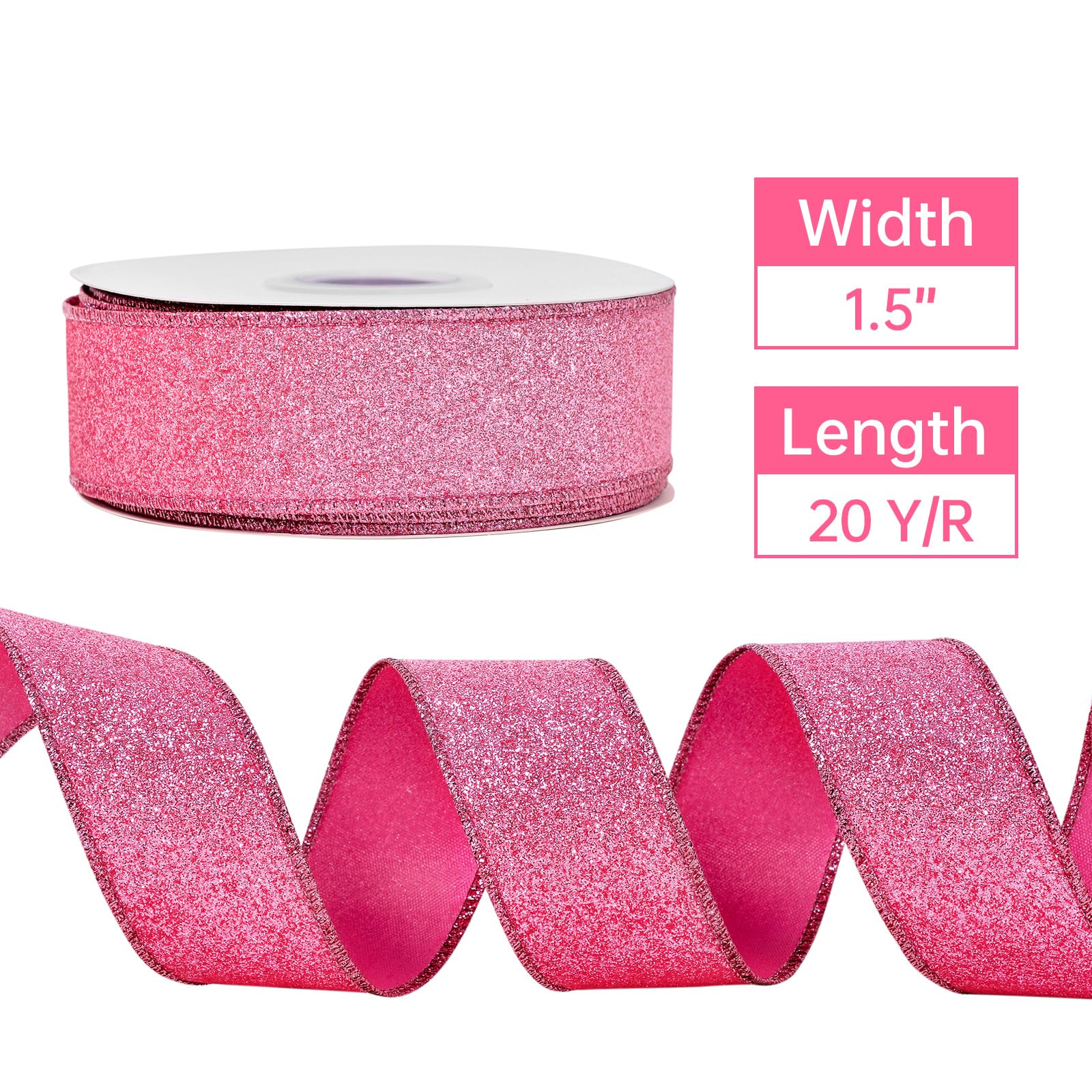 YAMA Glitter Wired Ribbon, Pink, 1-1/2 inch x 20 Yards, for Christmas, Gift Wrapping, Wreath, Crafts, Bow Making and Party Decoration