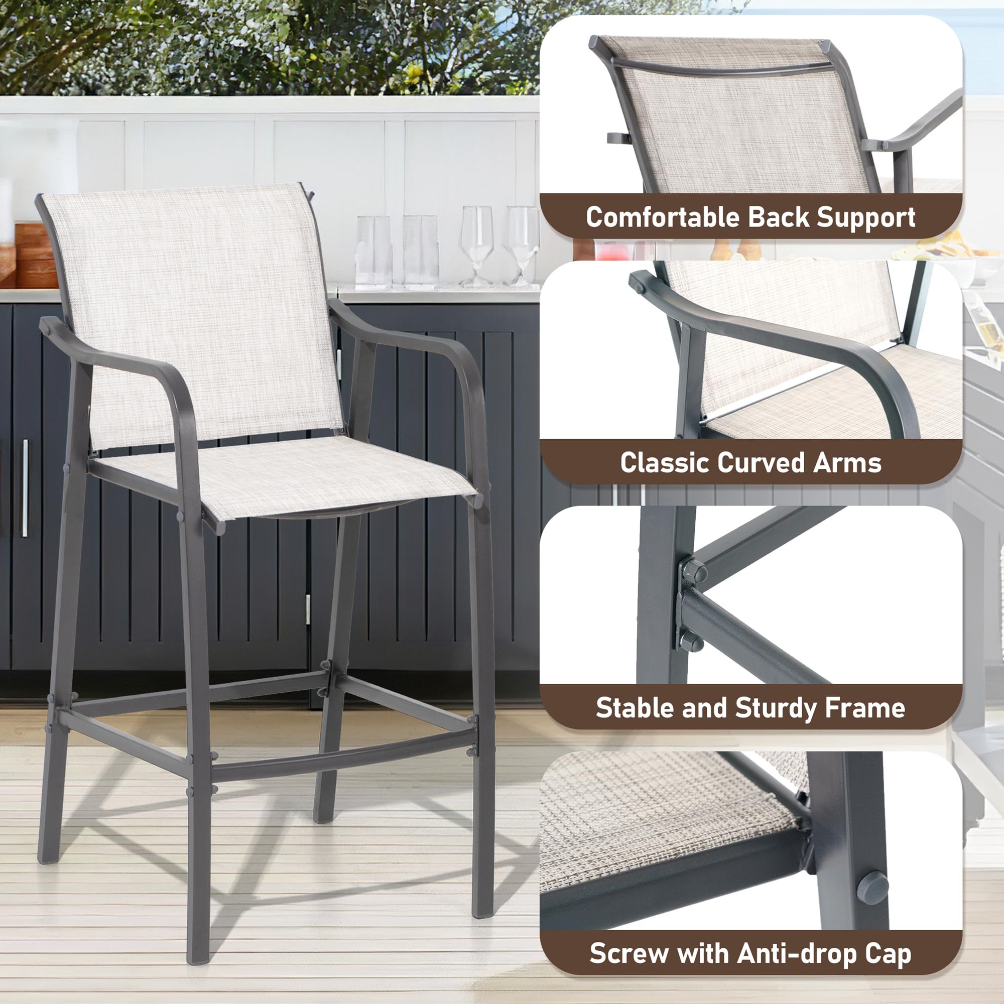 VredHom Outdoor Metal Bar Stools, Patio Bar Stools Set of 4 Counter Height Chairs Steel Bar Chairs Lightweight Patio Furniture with Textilene, Armrest and Footrest, Light Grey