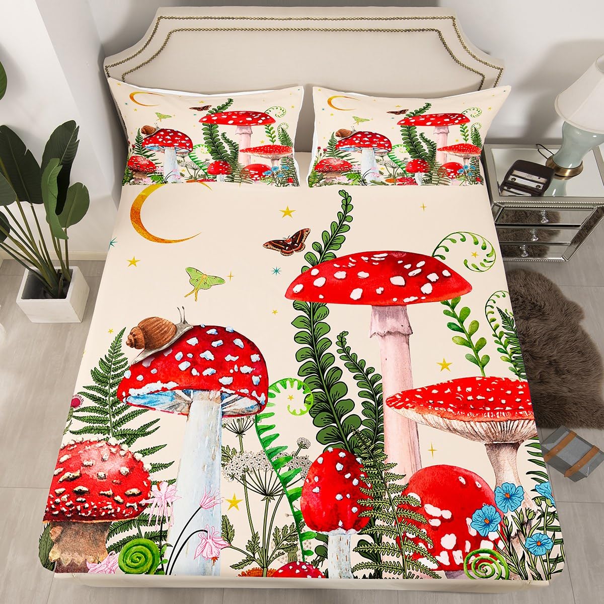 Watercolor Mushroom Bed Sheet Set Queen,Jungle Botanical Plants Butterfly Snail Soft Microfiber Sheet Set for Kids Adults,Glittering Starry Sky Moon Fitted Sheet + Flat Sheet + 2 Pillow Cases