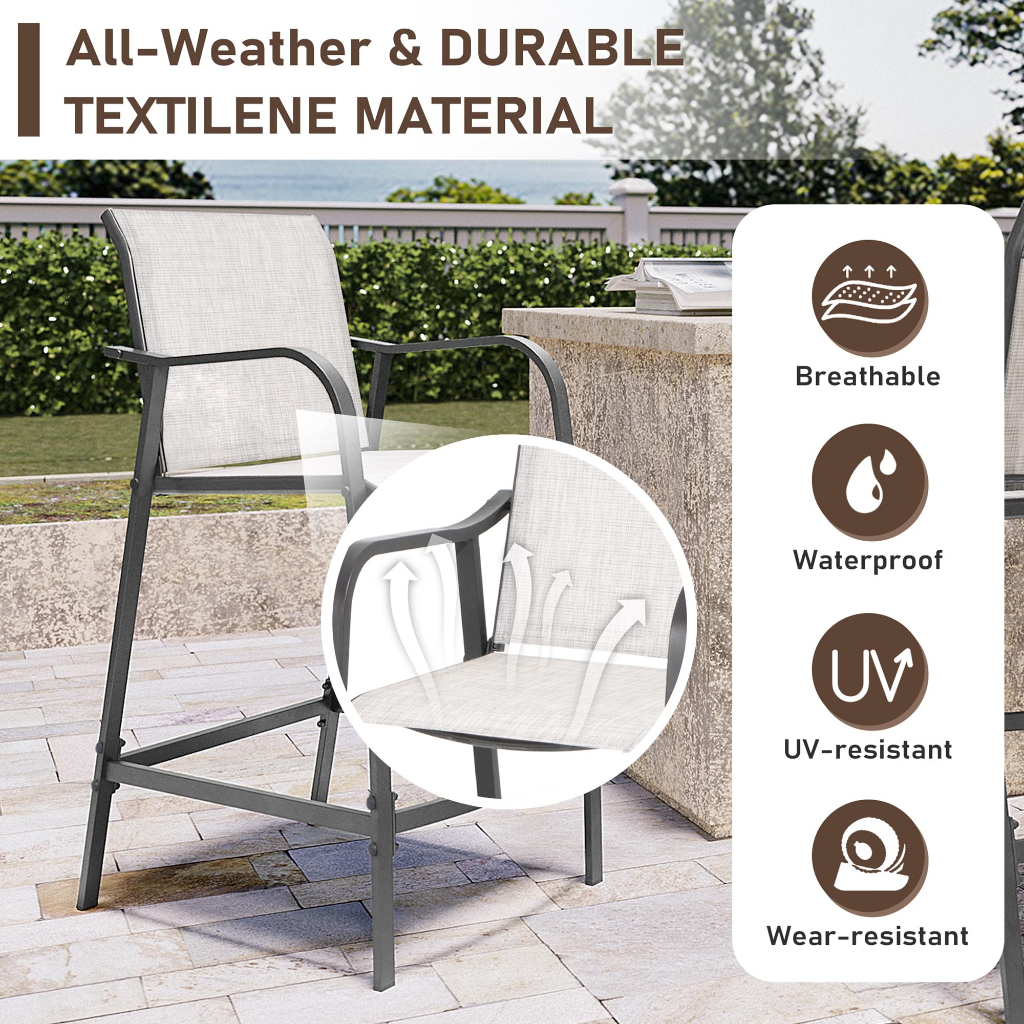 VredHom Outdoor Metal Bar Stools, Patio Bar Stools Set of 4 Counter Height Chairs Steel Bar Chairs Lightweight Patio Furniture with Textilene, Armrest and Footrest, Light Grey