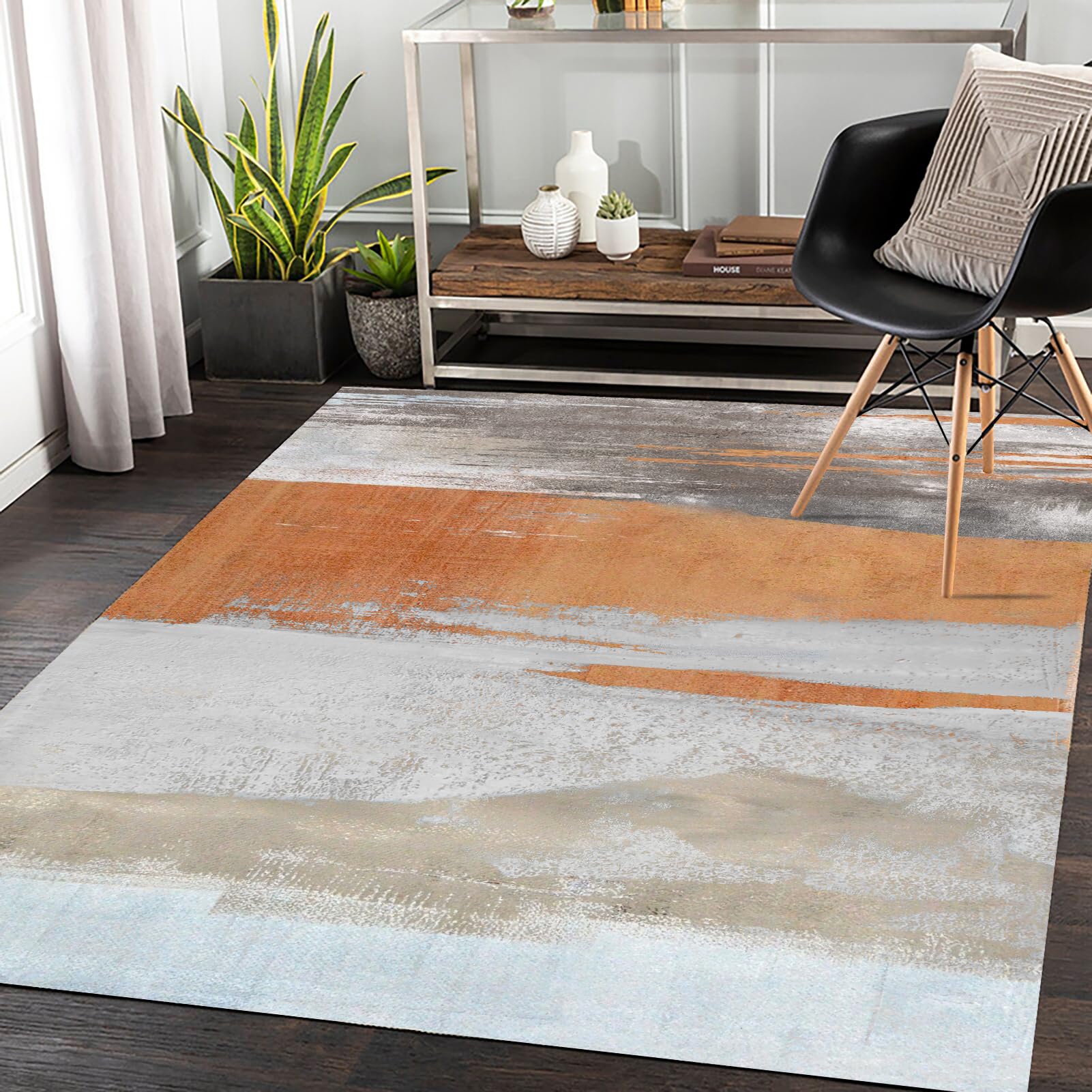 Eroyat Modern Indoor Slim Area Rug,5x7 Feet Large Living Room Bedroom Rug,Light Luxury Entryway Kitchen Rug,Non-Slip and Non-Shedding Low Pile Easy to Clean Home Decor,Gray-Orange