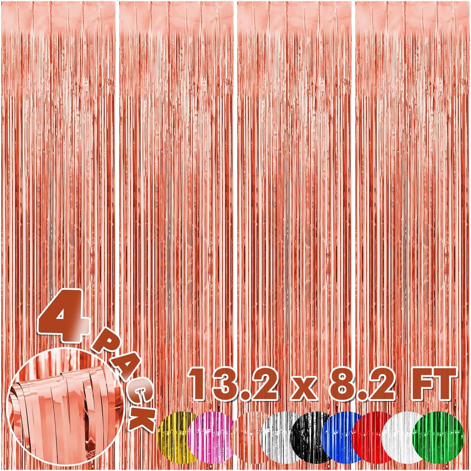 4-Pack Backdrop for Party Decorations, Foil Fringe Backdrop Curtains, Tinsel Streamers for Birthday Party Decorations, Rose Gold Tinsel Curtain for Graduation Mermaid Baby Shower New Year Prom Parties