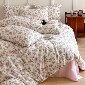 highbuy cute floral duvet cover twin girl ultra soft cotton coquette comforter cover with zipper ties,garden white pink floral bedding collection twin,extra soft floral bedding set 3 piece twin