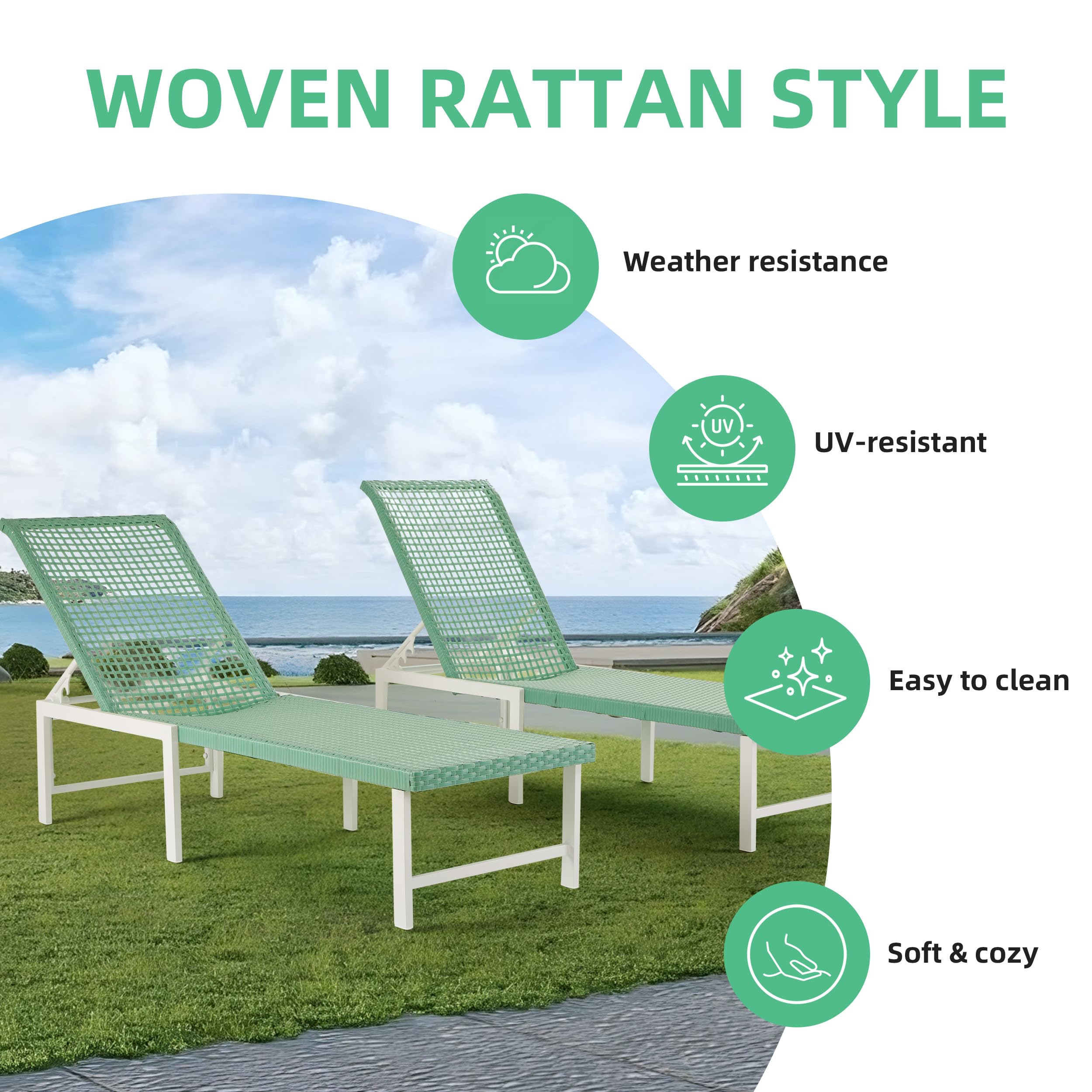 Eongdn Outdoor Chaise Lounge Chair Set of 2, Rattan Aluminum All Weather Pool Chairs, for Patio, Beach, Poolside, Deck, Green