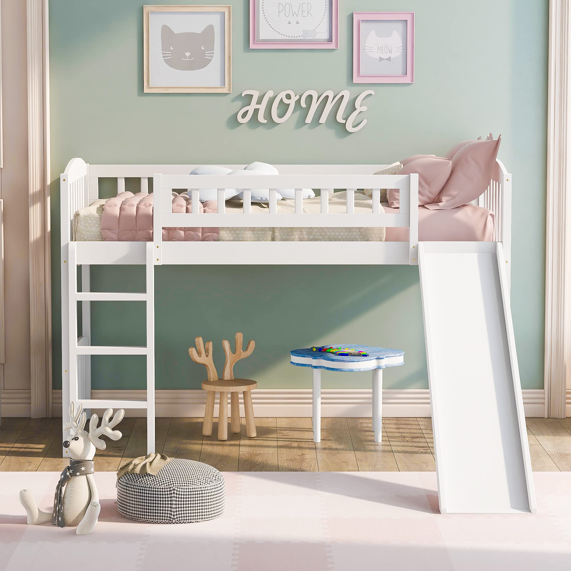 Harper & Bright Designs Twin Size Low Loft Bed with Slide and Ladder, Junior Loft Bed Wood Kids Loft Bed with Slide for Girls Boys,No Box Spring Needed,White