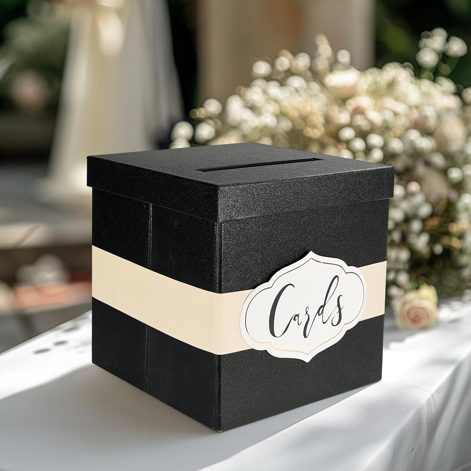 PAPER FAIR Black Glitter Gift Card Box for Reception, Large 10'' with Ribbon, Personalized Card labels, Wedding, Christmas, Birthday, Graduation, Bridal Baby Shower Money Box Party Supply Decor