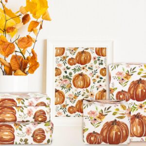 AnyDesign Fall Pumpkin Wrapping Paper Boho Floral Pumpkin Gift Wrap Paper Bulk Folded Flat Autumn Watercolor Flower Art Paper for Thanksgiving DIY Crafts Gift Wrapping, 19.7 x 27.6 Inch, 6 Sheet