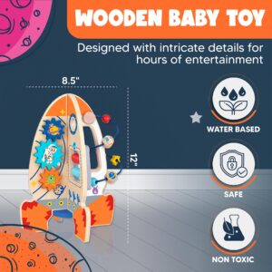 D DAKIN Rocket Toddler Wooden Activity Center Activity Cube Stand for 1 Year Old Boy Toys, Sensory and Educational Great First Birthday Gifts for Boys